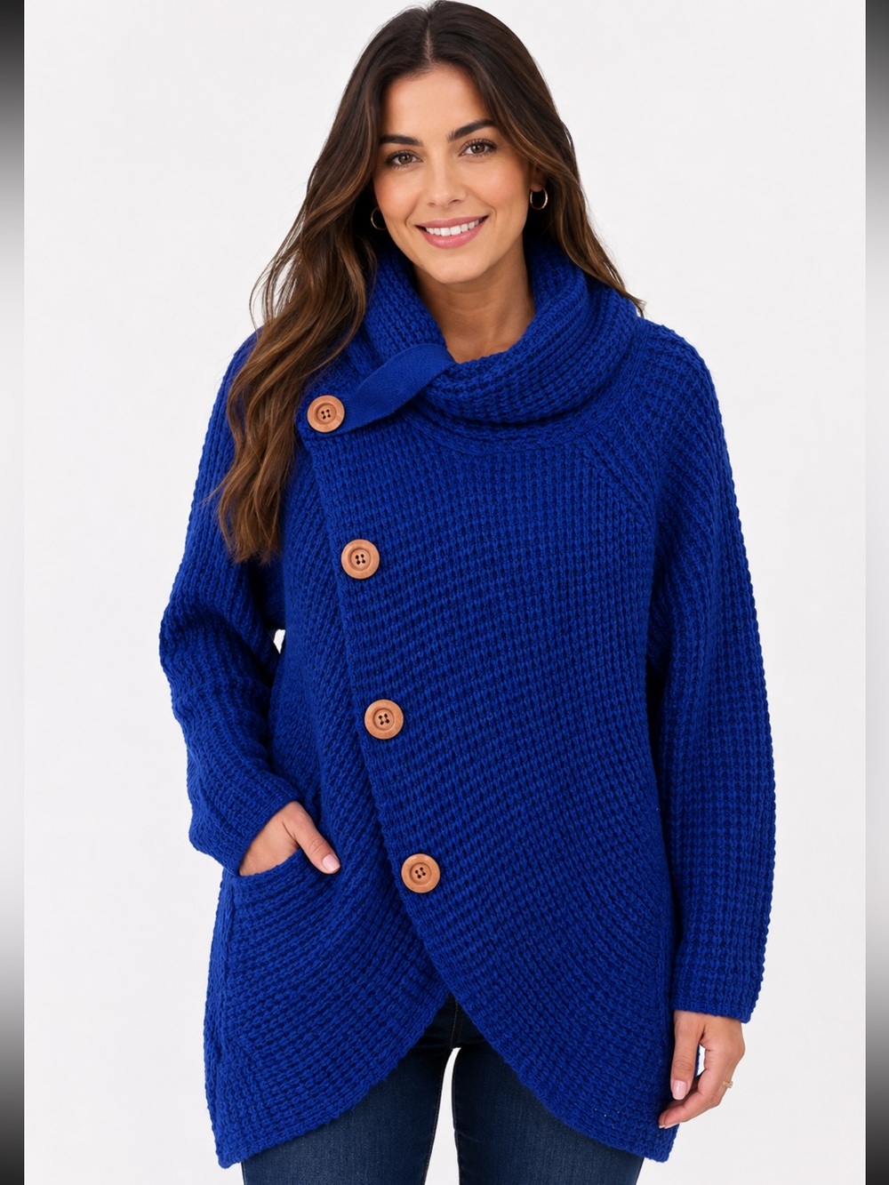 Grecerelle Royal Blue Chunky Knit Cowl Neck Button Cardigan Sweater - Size L